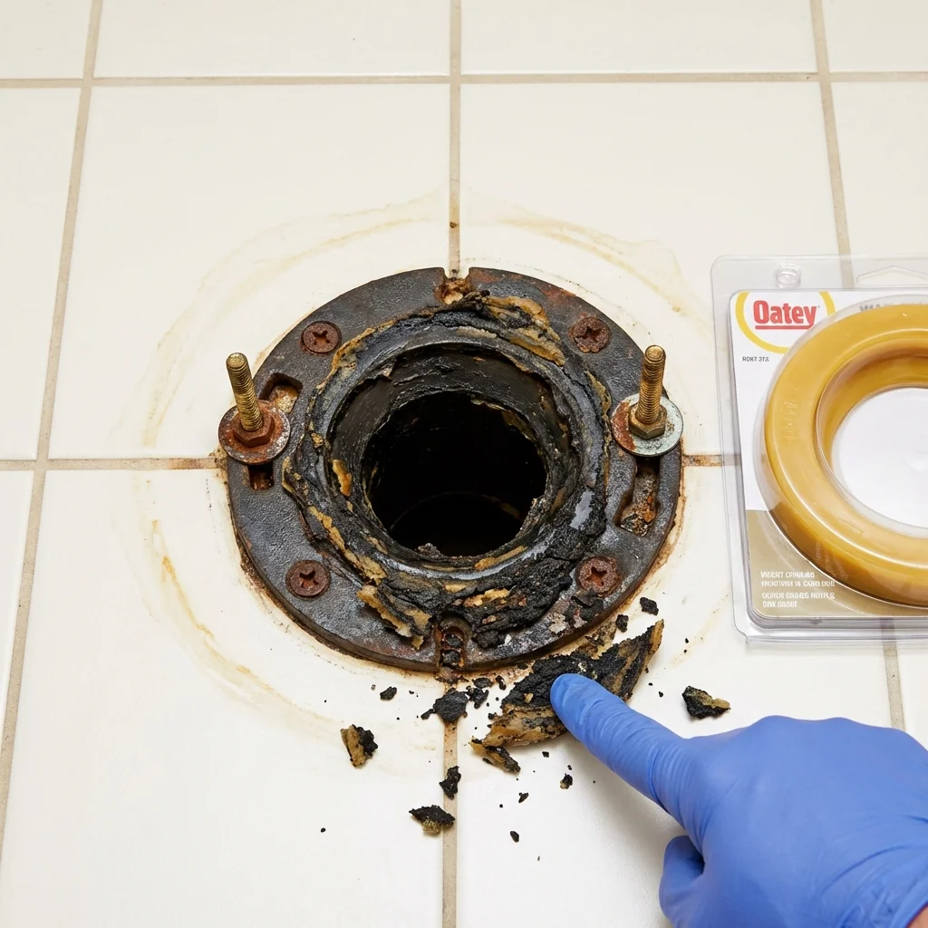 Failed wax ring showing water seepage at the base of a toilet in a Astoria, OR home