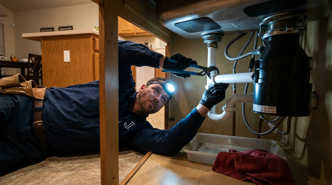 P-trap and supply line connections under a kitchen sink showing a common leak point in Astoria, OR